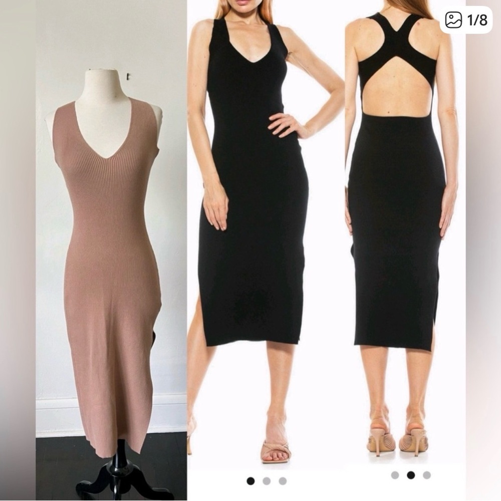 Ribbed V-Neck Bodycon Midi Dress in tan